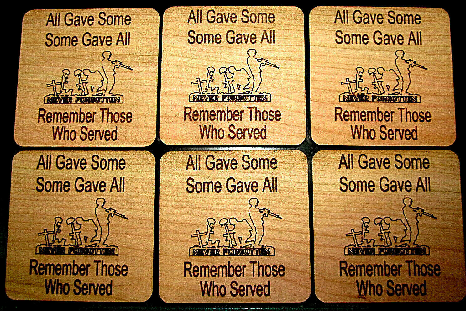 Primary image for BEAUTIFUL 6 PIECE "REMEMBER THOSE WHO SERVED" CHERRY WOOD COASTER SET
