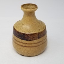 Bud Vase Stoneware Brown Banded Round Gooseneck Small Vintage Handmade - $18.95