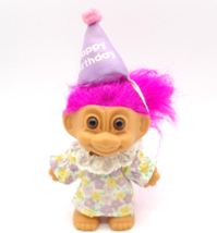 Vintage Russ Troll 3&quot; Doll Flower Dress With Happy Birthday Hat Purple Hair - £9.19 GBP