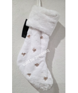 Rachel Zoe White Faux Fur Christmas Stocking Gold Coquette Bows Rhinesto... - $36.62