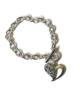 Silver Tone Charm Bracelet Heart Dangle Toggle Closure - £9.56 GBP