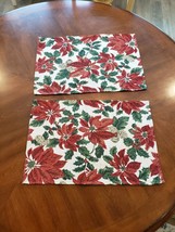 2 Christmas Placemats Tapestry Poinsettias Gold Glitter Red Flowers - £4.77 GBP
