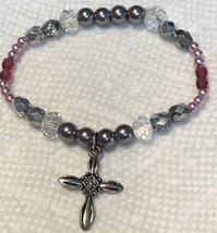 Hand Crafted Bracelet Crystal Silver Pink Glass Beads Crucifix Charm Stretch #23 - £4.60 GBP