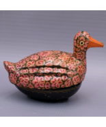 Paper Mache Duck Bird Trinket Box Pink Flower Accents Orange Beak Lacquer - $301.20 MXN