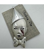 Vintage 80s Sad Clown Face Brooch Pin Glitter Tear Harlequin Mime Hat - $471.36 MXN
