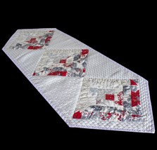 Quilted Holiday Runner, Silver Metallic White Jacquard, Christmas Red Fl... - £94.82 GBP