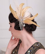 1920s Flapper Feather Hair Clip Crystal Tassel Roaring 20s Yellow Feather Headpi - £24.30 GBP