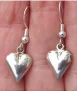 Vintage Sterling Silver PUFFY HEART Dangle Pierced Earrings - $19.95