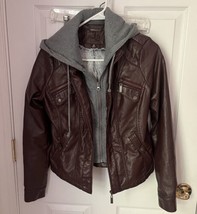 JouJou Dark Brown Vegan Leather Moto Jacket w/ Removable Hoodie - Women&#39;s Size S - £17.59 GBP