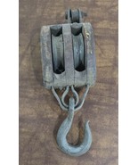 Vtg Antique Wood &amp; Iron Double Wheel Block &amp; Tackle Farmhouse Decor Barn... - $58.41