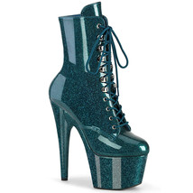 Pleaser ADORE-1020GP Sexy 7&quot; Heel Green Glitter Lace Up Women&#39;s Ankle Boots - £74.31 GBP