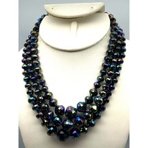 Retro Oil Slick Beads Graduated Necklace, Black Plastic Vitrail Triple Strand - £29.68 GBP