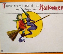 Halloween Postcard Witch And Child On Broom Full Moon Fantasy Stecher 63 C - £39.56 GBP