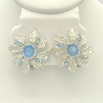 Judy Lee Clip Earrings Round Silver Tone Flower Blue Center Stone Crysta... - $25.16