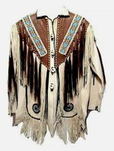 Old American Handmade Beige Buckskin Fringed Jacket Plains Indian Bead work Coat - £71.17 GBP+