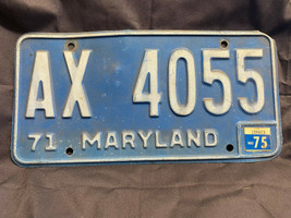 Vtg 1971 Blue &amp; White License Plate Maryland Vehicle Tag AX4055 MD75 Sti... - £31.65 GBP