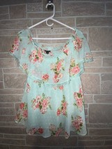 Torrid Size 0 (L) Smocked Swiss Dot Chiffon Floral Top Green Ruffle Lace Lined - £15.59 GBP