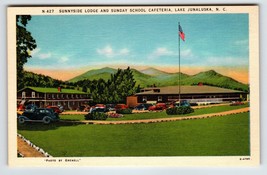 Sunnyside Lodge School Old Cars Lake Junaluska North Carolina Linen Postcard - £9.41 GBP