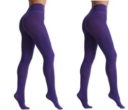 X 2 Deep Purple Opaque Footed Tights Nylons Pantyhose One Size Regular - £10.27 GBP