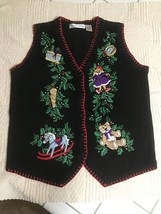 Vintage Christmas Sweater Vest Womens Medium Ornaments Victoria Jones Ugly 714A - £21.38 GBP