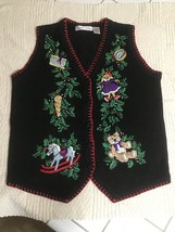 Vintage Christmas Sweater Vest Womens Medium Ornaments Victoria Jones Ugly 714A - £20.21 GBP