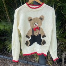 Heidi Vintage 80s Bowtie Teddy Bear Chunky Hand Knit 3D Holiday Sweater ... - £62.29 GBP