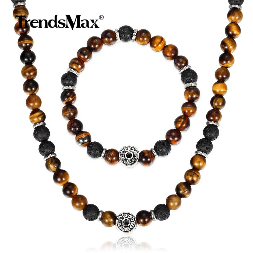 Natural Map Stone Jewelry Set Womens Mens Black Glass Bead Necklace Bracelet Sta - £25.97 GBP