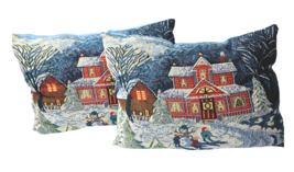 2 Christmas Tapestry Pillows Country House Barn Snowman Kids 18 x13 EUC ... - $28.82