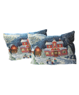 2 Christmas Tapestry Pillows Country House Barn Snowman Kids 18 x13 EUC ... - £22.66 GBP