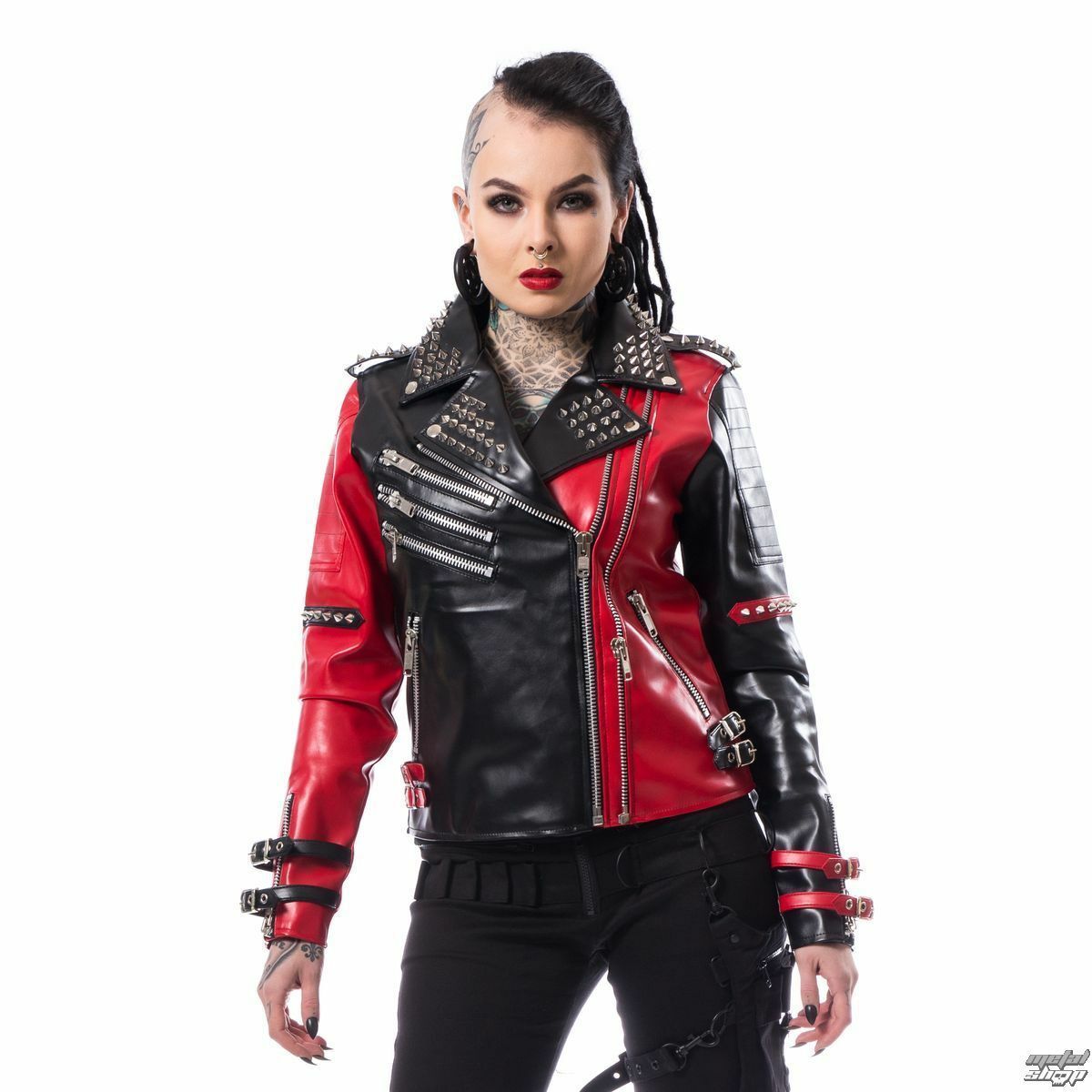 Women Two Tone Red Black Genuine Leather Zipper Style Silver Spike Studs Jacket
