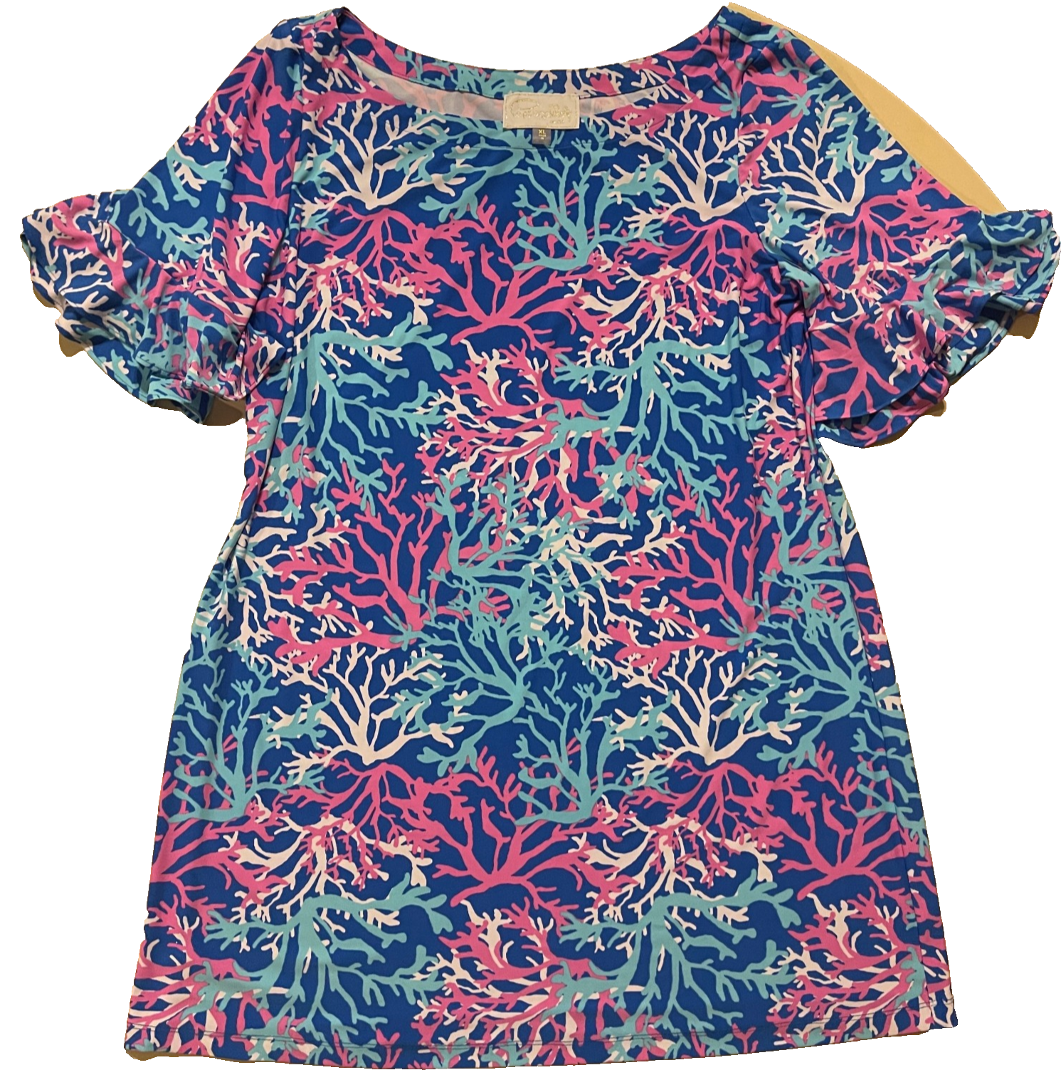 Pappagallo XL Coral Pink Blue White Sapphire Elbow Ruffle Sleeves Dress - $43.33