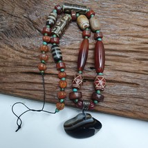 Antique Himalayan Indo Tibetan Suleimani Eye Agate Amulet Beads Necklace - £151.52 GBP