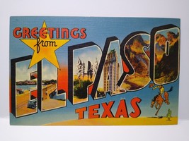 Greetings From El Paso Texas Big Large Letter Linen Postcard Cowboy Horse Cactus - £10.97 GBP