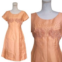 Vintage 60s Womens Small Salmon Pink Peach Raw Silk Cocktail Dress Knee Length - £48.51 GBP