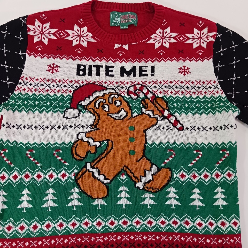 Ugly Christmas Sweater Men's Size Large Bite Me Gingerbread Man Red Pullover Item image 11