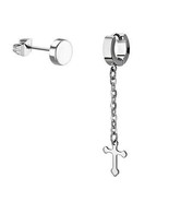 Budded Cross Helix Huggie Hoop and Illusion Plug Stud Silver Tone Earrings - £11.79 GBP