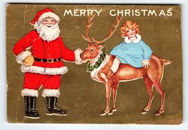 Santa Claus Christmas Postcard Blonde Girl Seated On Reindeer 1927 Health Stamp - £10.33 GBP