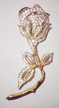 Vintage Magi Golden Rose Clear Crystal Brooch Pin 3 3/4&quot; Unbranded - $13.30