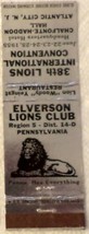 Matchbook Cover Elverson Lions Club International Convention Atlantic City Grey - $0.67