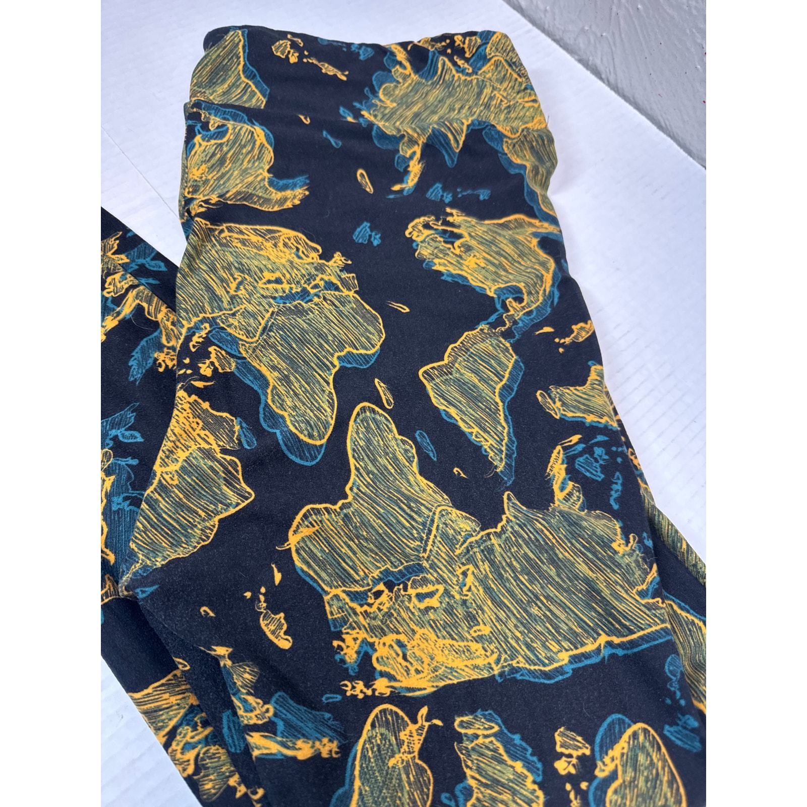 LuLaRoe Leggings World Travel Continents Yellow Blue Black Size Tall & Curvy TC Item image 2
