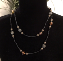 Boho Style Station Necklace Glass &amp; Metal Beads  Dark Colors Faux Amber Accents - £11.80 GBP