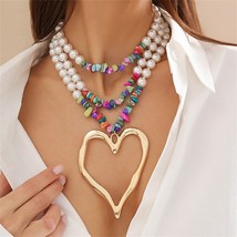 Vintage Style Big Heart Pendant Fashion Pearl Colorful Gravel Beaded Necklace - £10.21 GBP