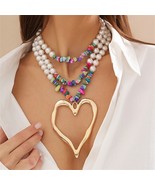 VINTAGE STYLE BIG HEART PENDANT  FASHION PEARL COLORFUL GRAVEL BEADED NE... - $18.02 CAD