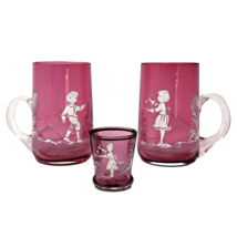 VTG Mary Gregory Cranberry Glass Mugs Boy w/Bird Girl Painting +Toothpick Holder - £35.37 GBP