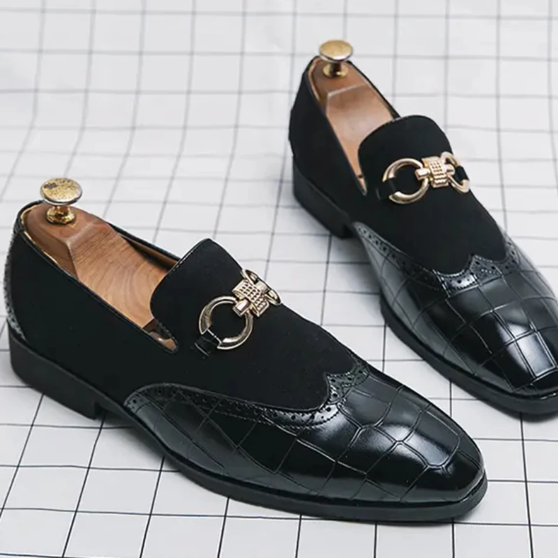 Loafers Men PU Patchwork Embossed Leather Shoes with Horseshoe Buckle De... - $70.33