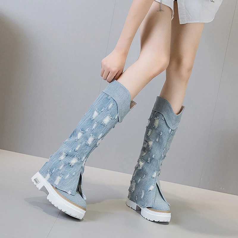 2023 Denim Thigh High Boots Designer Splicing Platform boy Boots Women Fashion   - £113.14 GBP