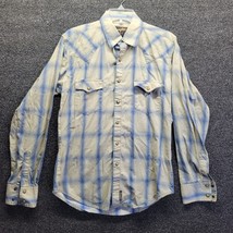 Wrangler Retro Western Sz Small Beige Blue Plaid Pearl Snap-Down Shirt - £21.31 GBP