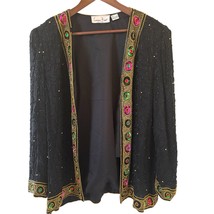 Vintage Laurence Kazar Cardigan Jacket 100% Silk Sz XL Sequin Beaded Par... - $89.99