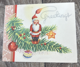 Vintage Folded Christmas Holiday Card “Greetings” Santa W Ornaments - $5.59 CAD