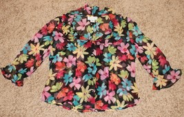 Miss Dorby Sheer Floral Open Back Button Down Shirt Blouse Top Ruffles Slits 10P - $4.94